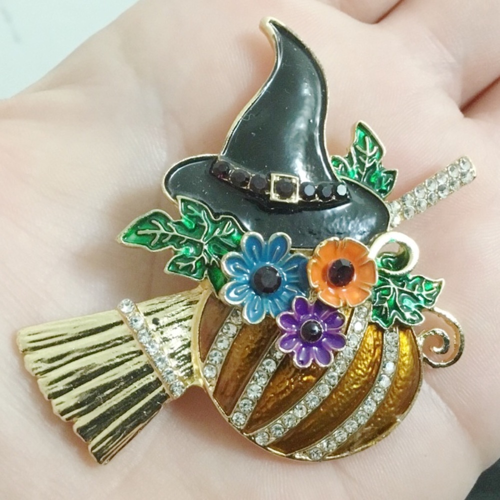 Pumpkin Witch Hat Broom Floral Rhinestone Halloween Brooch Pin